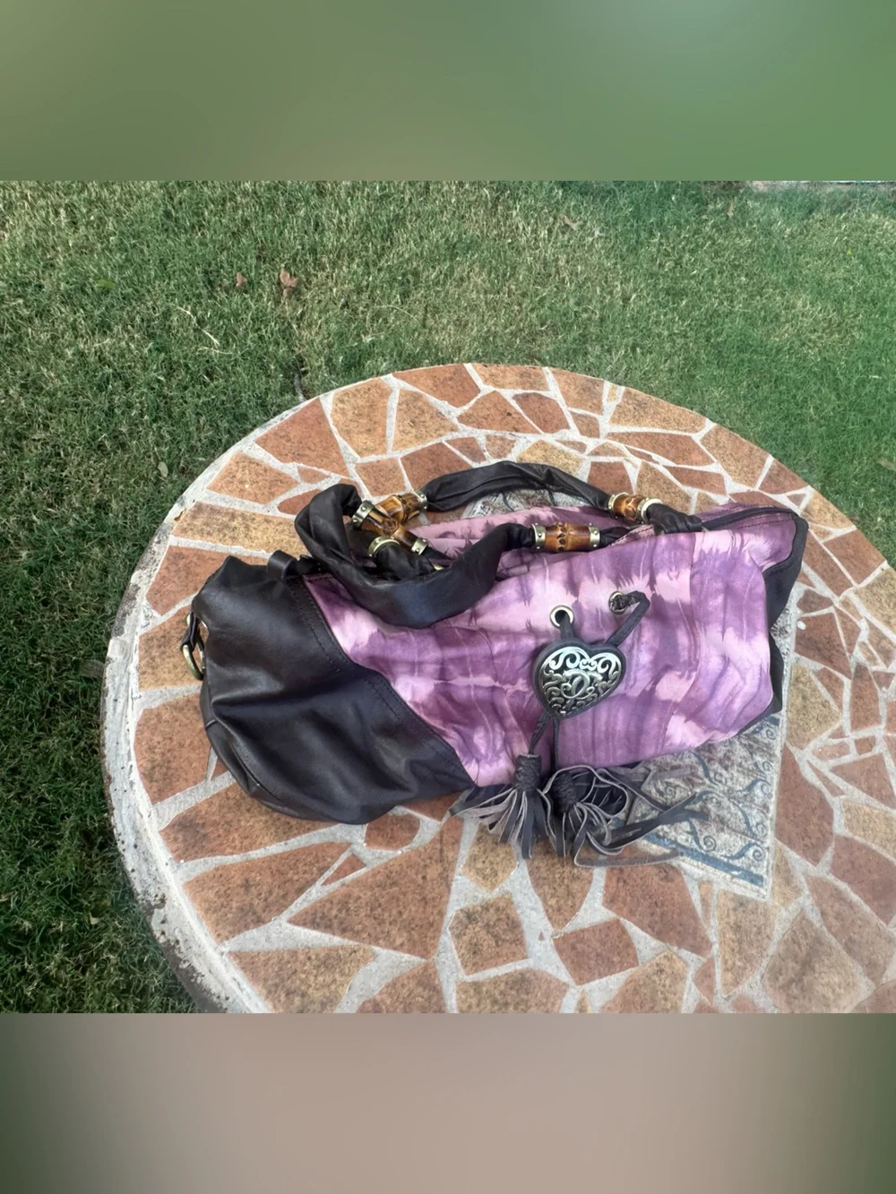 Vintage SHARIF New York Purple Tie-Dye Leather Hobo Bag with Heart Charm